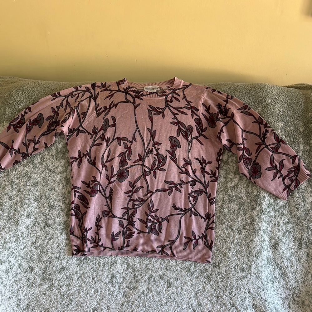 Rebecca Malone Petite Large Mauve Pink Grey Cranberry Floral Jeweled Sweater RS